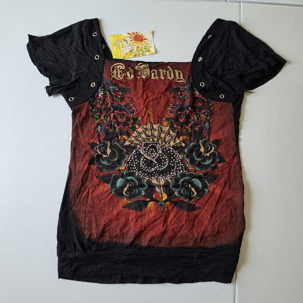 Y2K Ed Hardy Tee Shirt Womens Large Multicolor Rhinestone Tattoo Tunic Top Rock